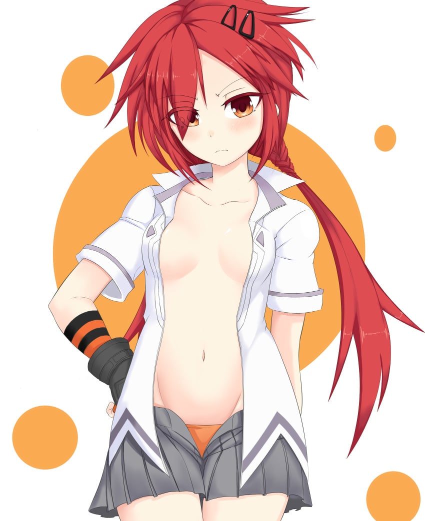 annoyed artist_request bare_midriff blush cleavage front_view frown hairclip hand_on_hip light-skinned_female looking_at_viewer neptunia_(series) open_shirt open_skirt orange_eyes panties red_hair sideboob solo twintails uzume_tennouboshi