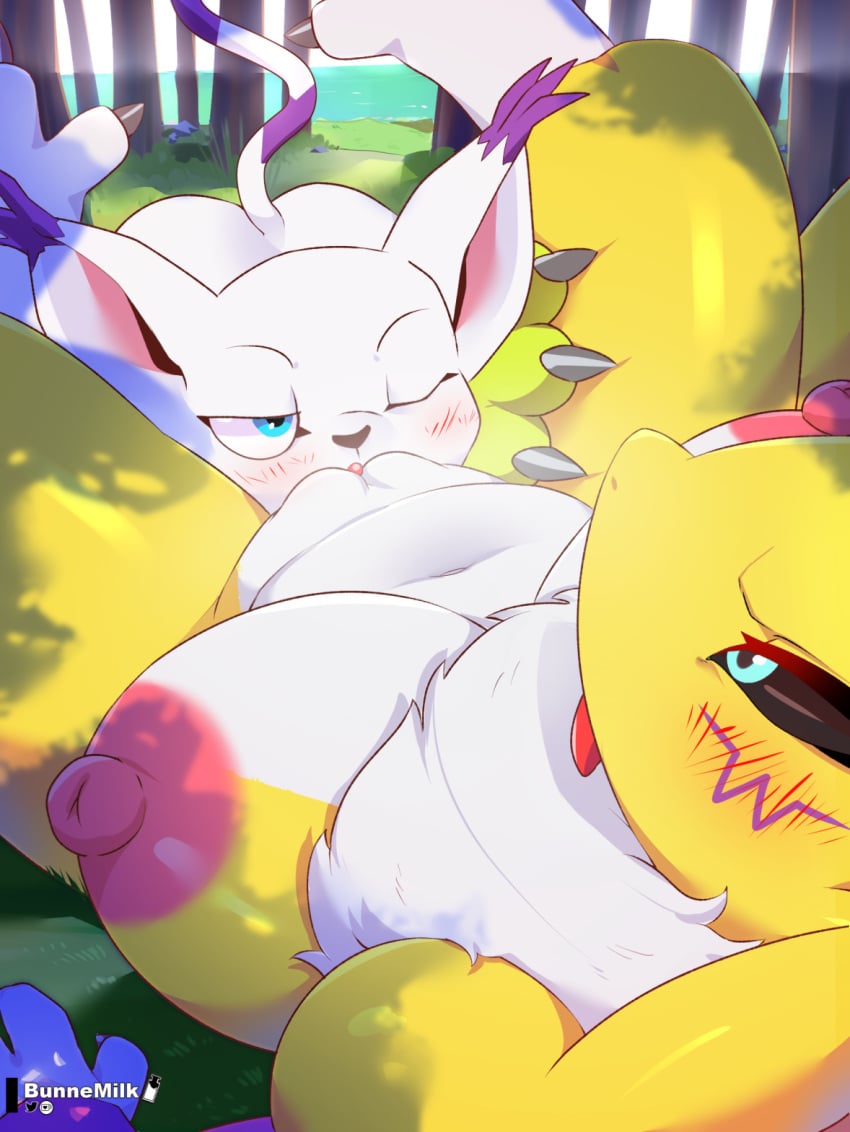 anthro anthro_on_anthro bandai_namco big_breasts breasts bunnemilk clitoris cunnilingus digimon digimon_(species) female fur gatomon genitals hi_res nipples oral renamon sex tailmon vaginal_penetration yellow_body yellow_fur