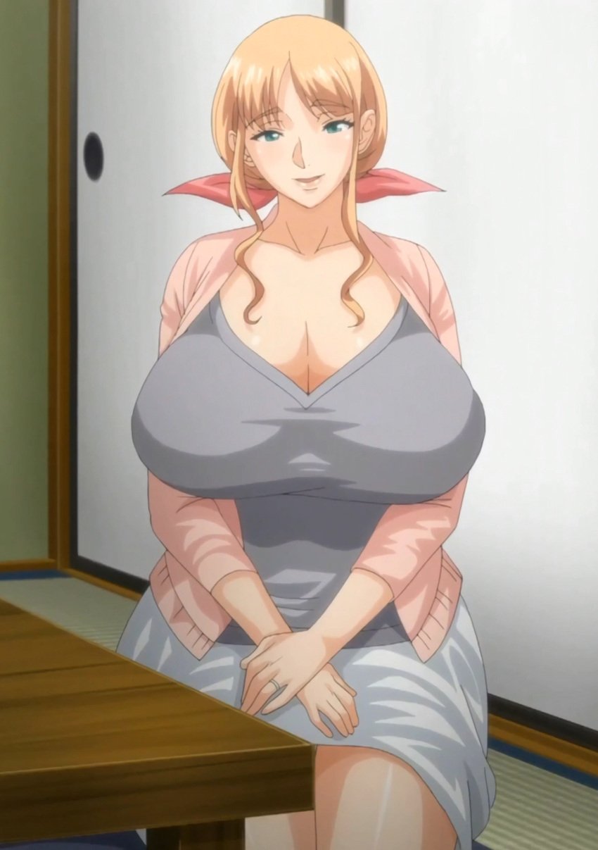 1girls ayako_kawai_(hajimete_no_hitozuma) big_breasts blonde_hair breasts cleavage clothing green_eyes hajimete_no_hitozuma hips huge_breasts large_breasts looking_at_viewer mary_jane_(company) milf screencap screenshot stitched wide_hips