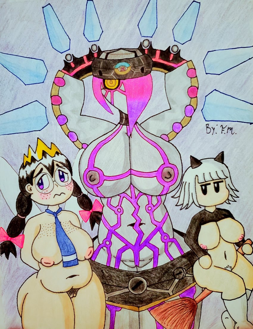 3girls black_hair chubby_female f.m. fairy_queen female female_only female_pubic_hair freckles glasses keke_(kirby) kirby_(series) kirby_64 kirby_dreamland_3 kirby_planet_robobot metalic_skin milf multiple_girls pubic_hair purple_hair queen_ripple robot_girl size_difference star_dream white_hair wings