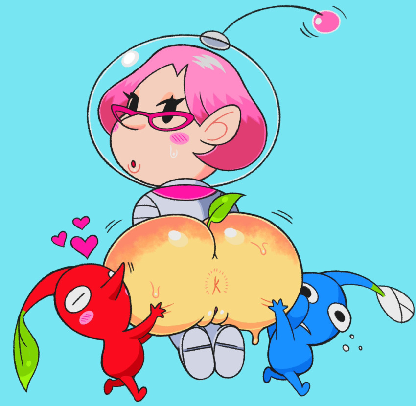 anus blue_pikmin blush boots bottomless bottomless_boots bottomless_footwear brittany_(pikmin) bubble_butt cam_(artist) carrying fruit glasses heart helmet leaf pikmin pikmin_(species) pikmin_3 pink_glasses pink_hair pointy_nose presenting_hindquarters pussy red_pikmin round_ears sexy_fruit sexy_plant shoes space_suit suspicious_fruit