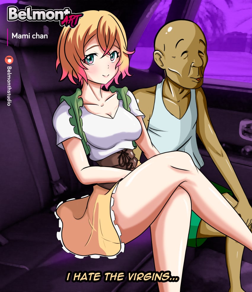 1boy belmont blonde_hair date kanojo_okarishimasu nanami_mami old_man short_hair taxi ugly_bastard ugly_man