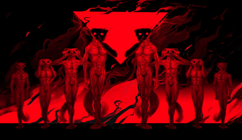 8boys abstract_art abstract_background absurd_res animal_humanoid anthro black black_background contrast domestic_ferret drunk_ferret fire group hands_on_face hi_res horrified horror_(theme) humanoid looking_at_viewer mammal mammal_humanoid multicolored_background muscul mustelid mustelid_humanoid musteline musteline_humanoid no_visible_genitalia red_background red_body shushing silence skinless surreal surrealism tail triangle_(disambiguation) true_musteline weasel weasel_humanoid