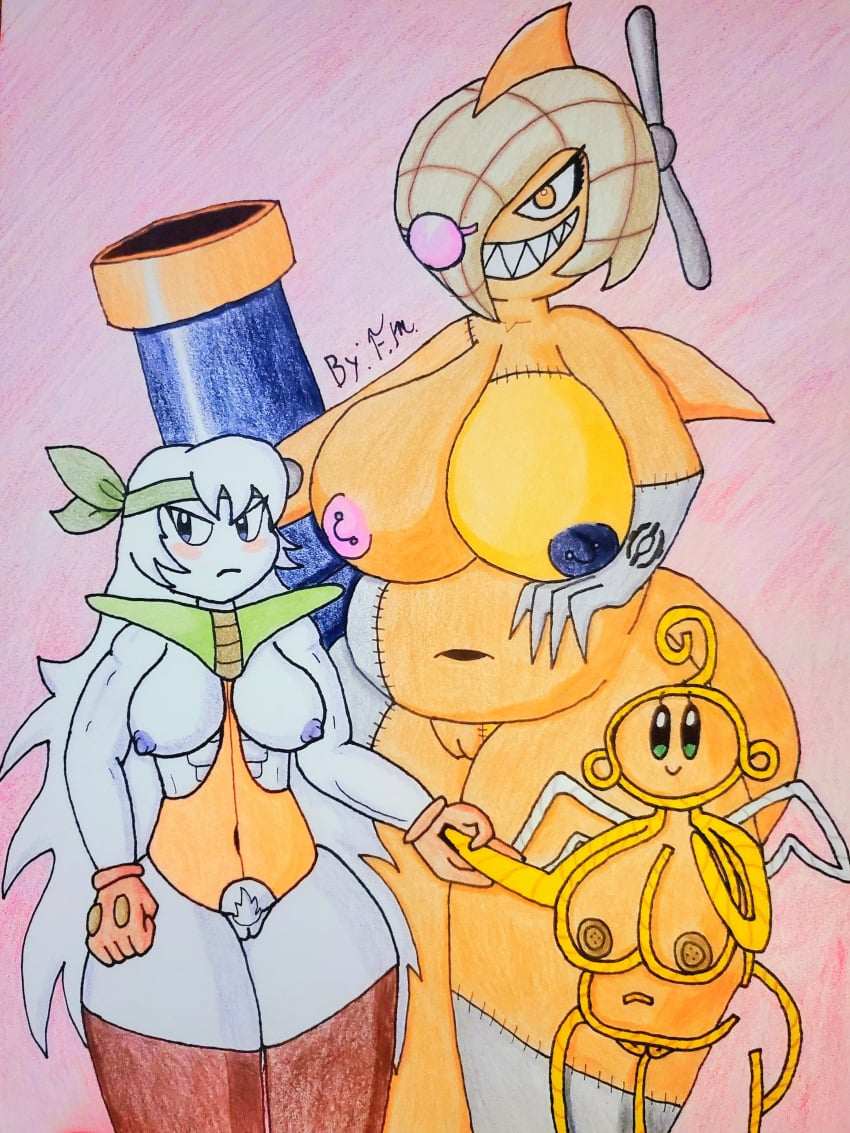 3girls angie_(kirby) blush chubby_female f.m. female female_only female_pubic_hair hand_holding huge_ass huge_breasts kabula_(kirby) kirby's_epic_yarn kirby:_right_back_at_ya! kirby_(series) multiple_girls muscular_female overweight_female pubic_hair sirica_(kirby) size_difference stitches white_hair wide_hips wings yarn