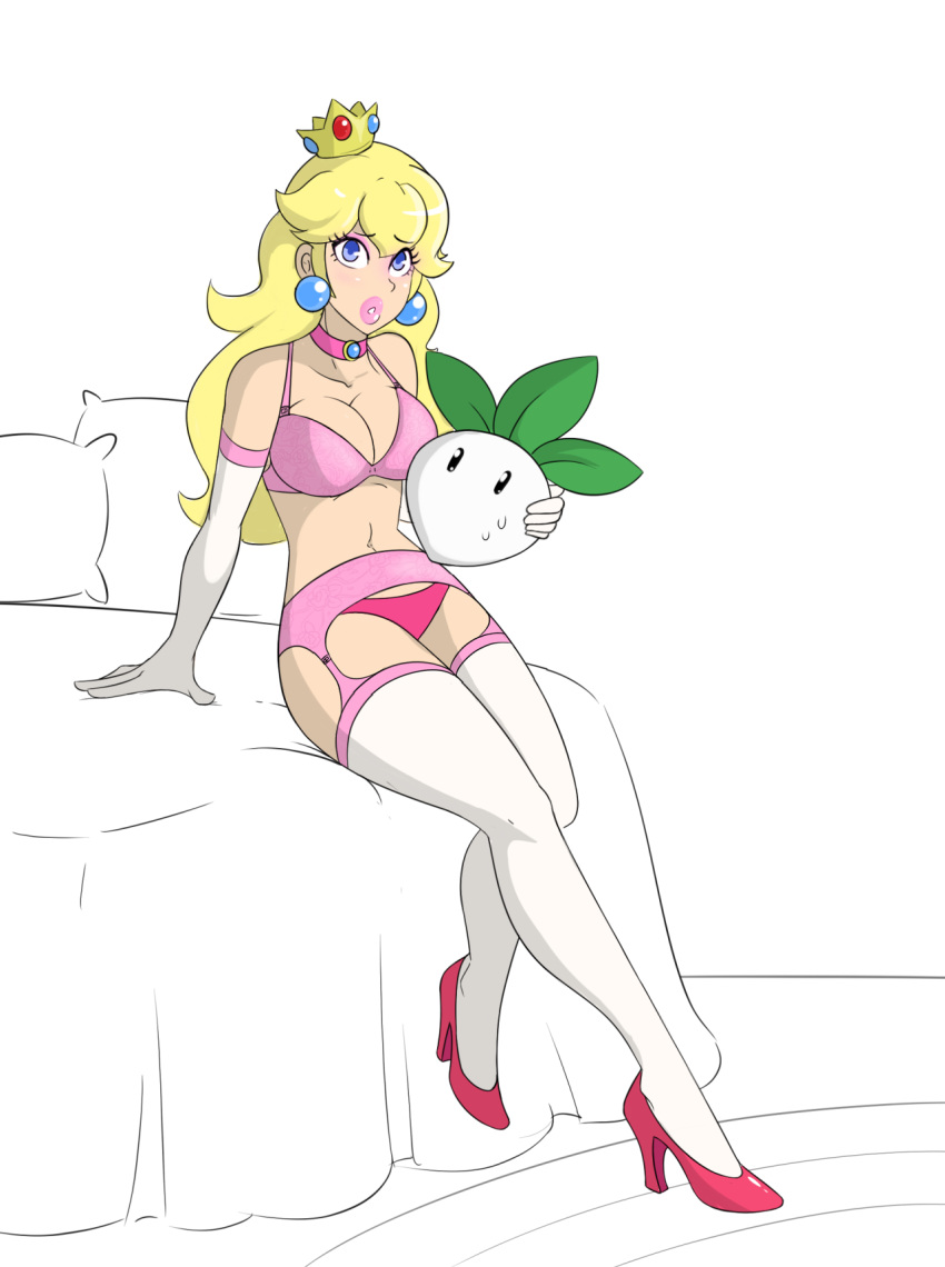 1girls bed blonde_hair blue_eyes bra breasts crown earrings edit elbow_gloves female female_only femsub full_body gloves heels high_heels lingerie lipstick long_gloves long_hair mario_(series) mind_control nintendo on_bed panties pink_eyes princess_peach sealguy seductive shoes sitting solo super_mario_bros._2 turnip underwear underwear_only undressing