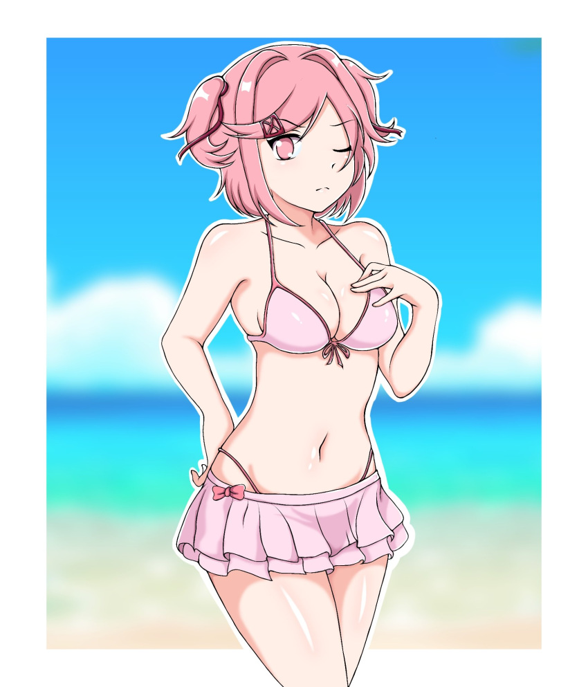 1girls bare_shoulders bikini bikini_top bow breasts cleavage commission doki_doki_literature_club female kun_kaiss natsuki_(doki_doki_literature_club) navel one_eye_closed outline pink_bikini pink_bikini_top pink_eyes pink_hair shiny_skin sideboob skirt swimsuit_skirt white_outline