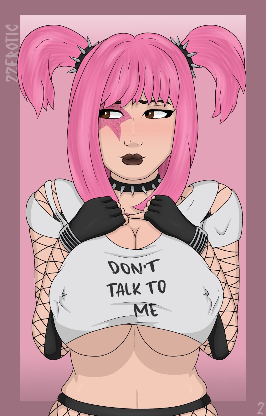 1girls arms_up artist_name big_breasts black_lipstick breast_grab breasts brown_eyes clothed clothing collar drop_dee_(fortnite) eyelashes female female_only fortnite fortnite:_battle_royale gloves goth hands_on_breasts long_breasts looking_up pierced_nipples piercing piercings pink_background pink_hair smile smiling solo solo_female solo_focus squeezing squeezing_breast torn_clothes torn_clothing voluptuous voluptuous_female zzerotic