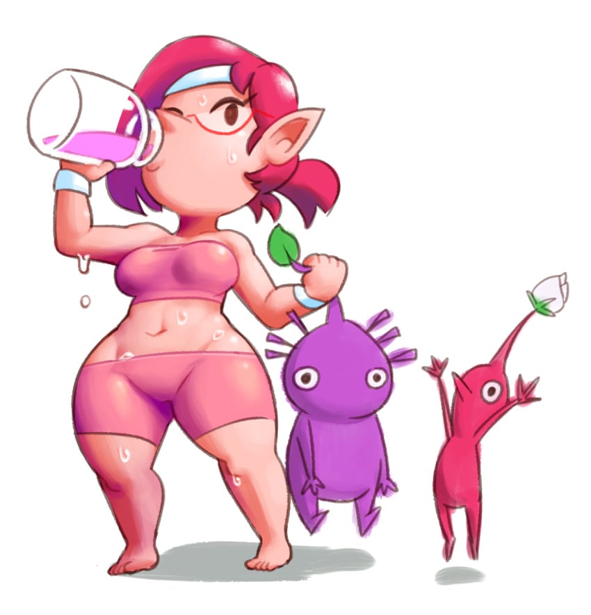 1girls brittany_(pikmin) drinking exercise exercise_clothing feet glasses headband minus8 pikmin pikmin_(species) pikmin_3 pink_hair pointy_ears pointy_nose ponytail purple_pikmin red_pikmin shorts shortstack sweating