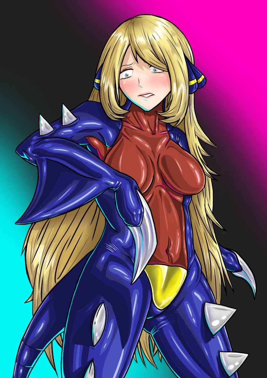 blonde_hair blush bodysuit breasts cynthia_(pokemon) encasement garchomp_(cosplay) hair_ornament latex mr.bones22 pokemon pokemon_(cosplay) pokesuit rubber rubber_suit scared shiny solo_female struggling