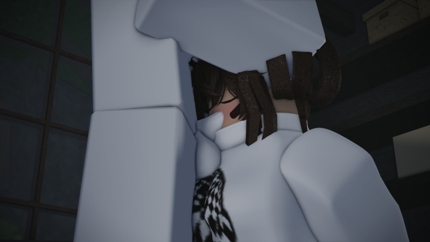 blowjob brown_hair closed_eyes clothed dummy_(roblox) female grey_man hat medium_breasts pink_nipples roblox roblox_avatar robloxian sucking