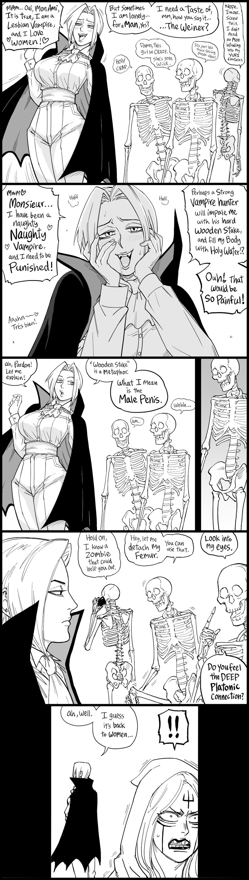 absurd_res alice_the_necromancer_(baalbuddy) bb_(baalbuddy) big_breasts comic dialogue english_text european_mythology fangs folklore funny monochrome monster_girl mythology public_domain skeleton smug speech_bubble tagme vampire voluptuous