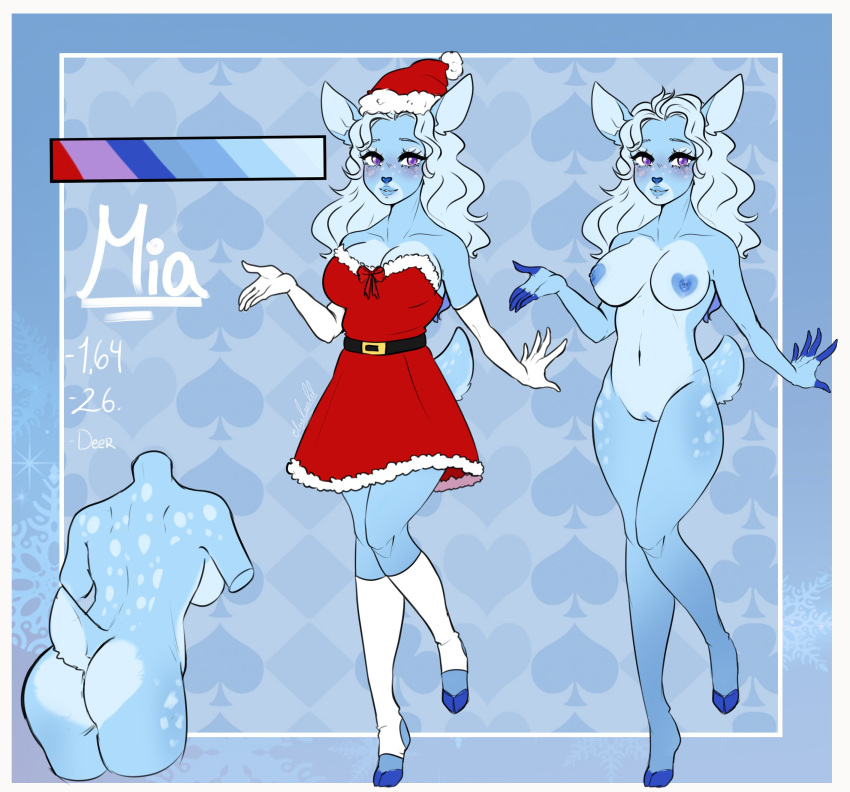 1girls anthro ass blue_nipples christmas christmas_clothing christmas_hat clothing female female_only fur furry hat legwear light_blue_background light_blue_body light_blue_fur light_blue_hair light_blue_lipstick medium_breasts medium_hair original panties reference_sheet simple_background thekuky