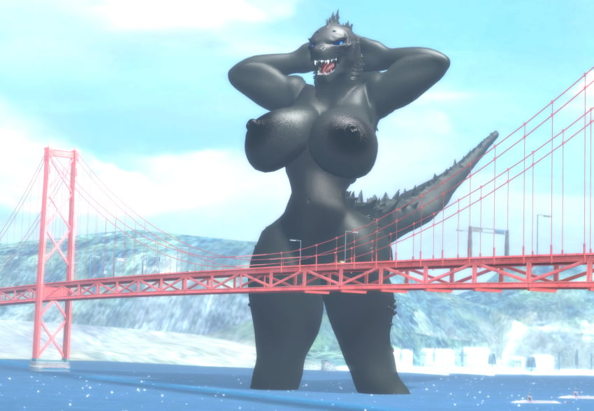 3d 3d_(artwork) anthro apertureman armpits big_breasts black_skin blue_eyes bridge curvy_body curvy_female curvy_figure dark_skin female furry giantess godzilla godzilla_(series) hands_behind_head humanoid kaiju large_breasts macropod monster monster_girl presenting public public_nudity rule_63 scales scalie scalie_humanoid solo solo_female thick