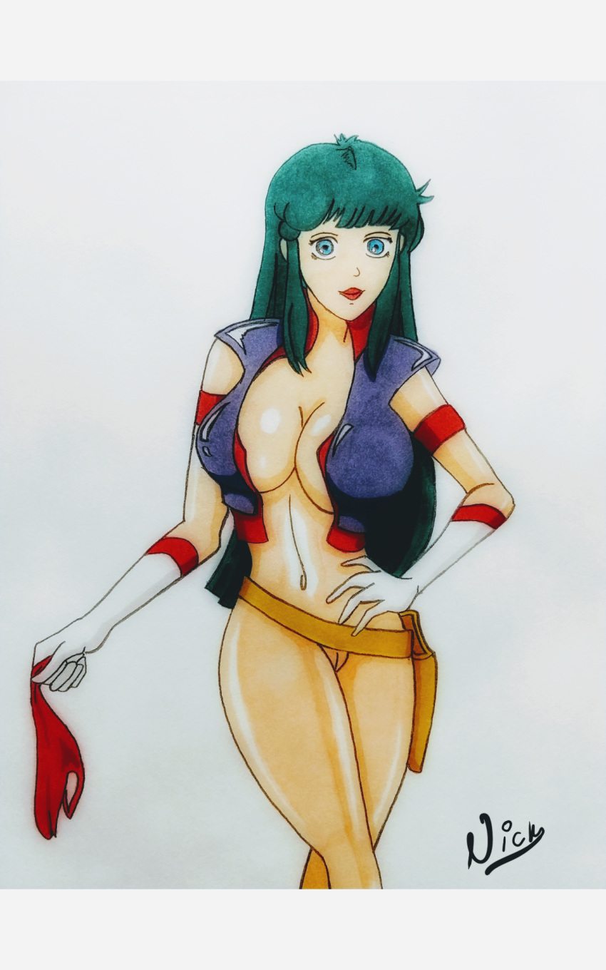 belly_button belt blue_eyes bottomless bottomless_female breasts_covered bronxboy79 full_color green_hair gun_holster hand_drawn holding_panties innie_pussy jacket_open long_gloves long_hair nipples_covered pinup practically_nude pussy reika_kirishima removed_clothing removed_panties smiling stripping tagme taito time_gal uncensored vagina white_gloves