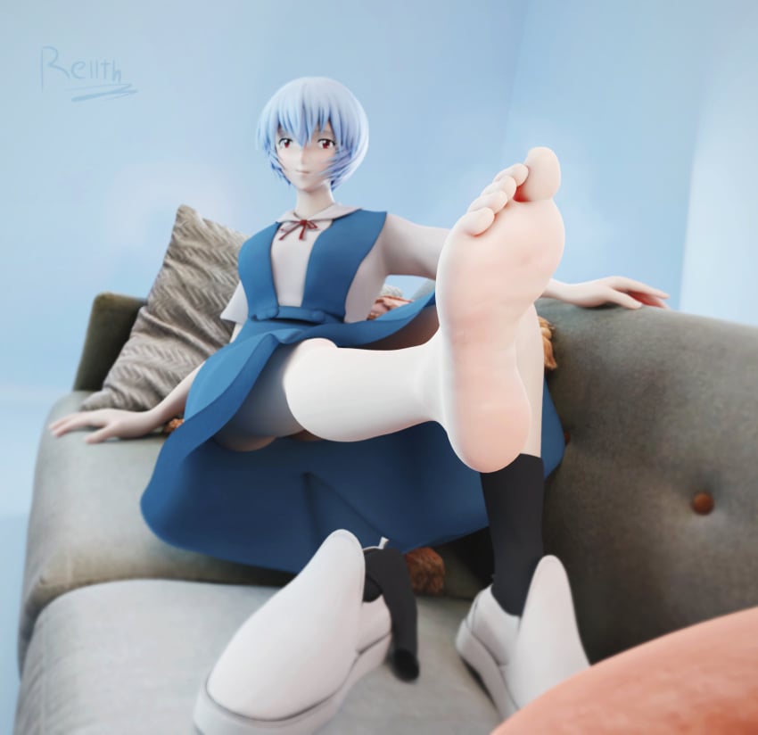 1girls 3d blue_hair couch digital_media_(artwork) feet female female_only foot_fetish foot_focus hi_res neon_genesis_evangelion one_bare_foot pale_skin red_eyes rei_ayanami rellth shoes_removed short_hair showing_feet sitting smile smirk socks_removed teasing toes watermark