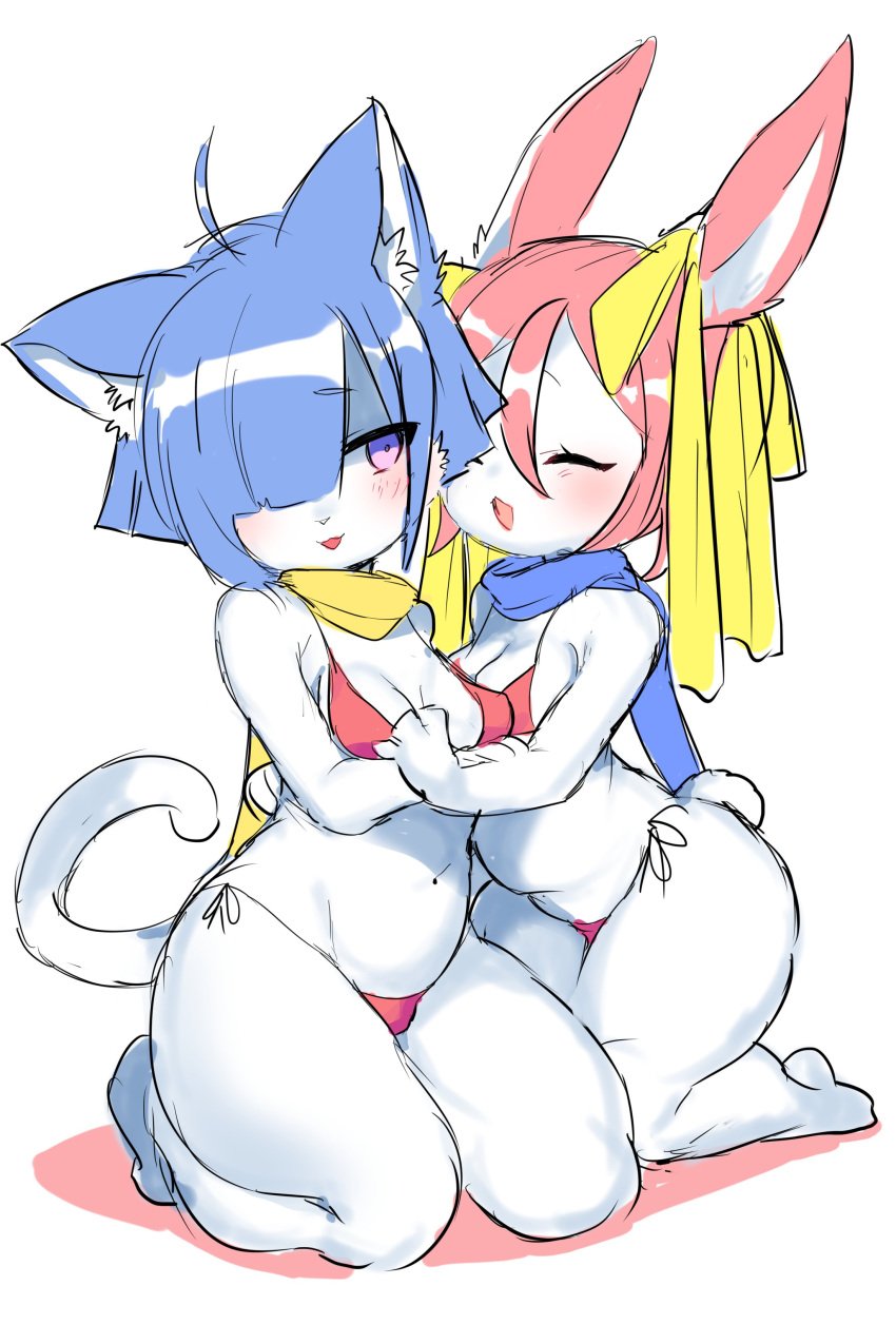 2girls absurd_res anthro bikini blue_hair blush closed_eyes cute eyes_closed feline female furry hair_over_one_eye hi_res long_hair multiple_girls navel one_eye_closed pink_hair purple_eyes short_hair smile suurin_(ksyaro) swimsuit white_background yuri