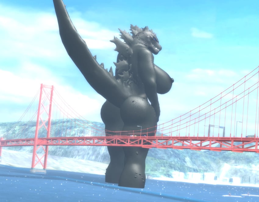 3d 3d_(artwork) apertureman back_view big_ass big_breasts black_skin blue_eyes bridge city curvy_body curvy_female curvy_figure dark_skin female furry giantess godzilla godzilla_(series) hand_on_butt humanoid kaiju large_breasts macropod monster monster_girl presenting public public_nudity reptile rule_63 scales scalie scalie_humanoid solo solo_female thick