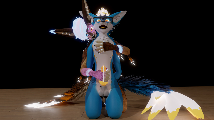 16:9 3d_(artwork) 4k absurd_res anthro bite bodily_fluids breath cum digital_media_(artwork) duo eyewear ezra_sinclair feathered_tail feathers genital_fluids genitals glasses glowing glowing_body glowing_cum glowing_eyes glowing_feathers glowing_genitalia glowing_hair glowing_markings glowing_penis hair hi_res holding_penis huge_filesize male male/male markings masturbation neck_bite panting penis rexouium sinfulcrho tail tyler_(sinfulcrho) unusual_bodily_fluids unusual_cum unusual_genital_fluids widescreen