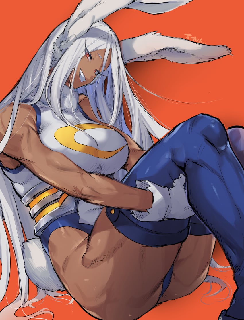 1girls absurd_res animal_ears blue_thighhighs breasts bunny_ears bunny_girl clenched_teeth dark-skinned_female dark_skin heattech_leotard hi_res large_breasts leotard long_hair looking_at_viewer miruko my_hero_academia orange_background rabbit_ears rabbit_girl rabbit_tail rumi_usagiyama simple_background sitting smile solo suurin_(ksyaro) tail teeth thighhighs thighs white_hair white_leotard