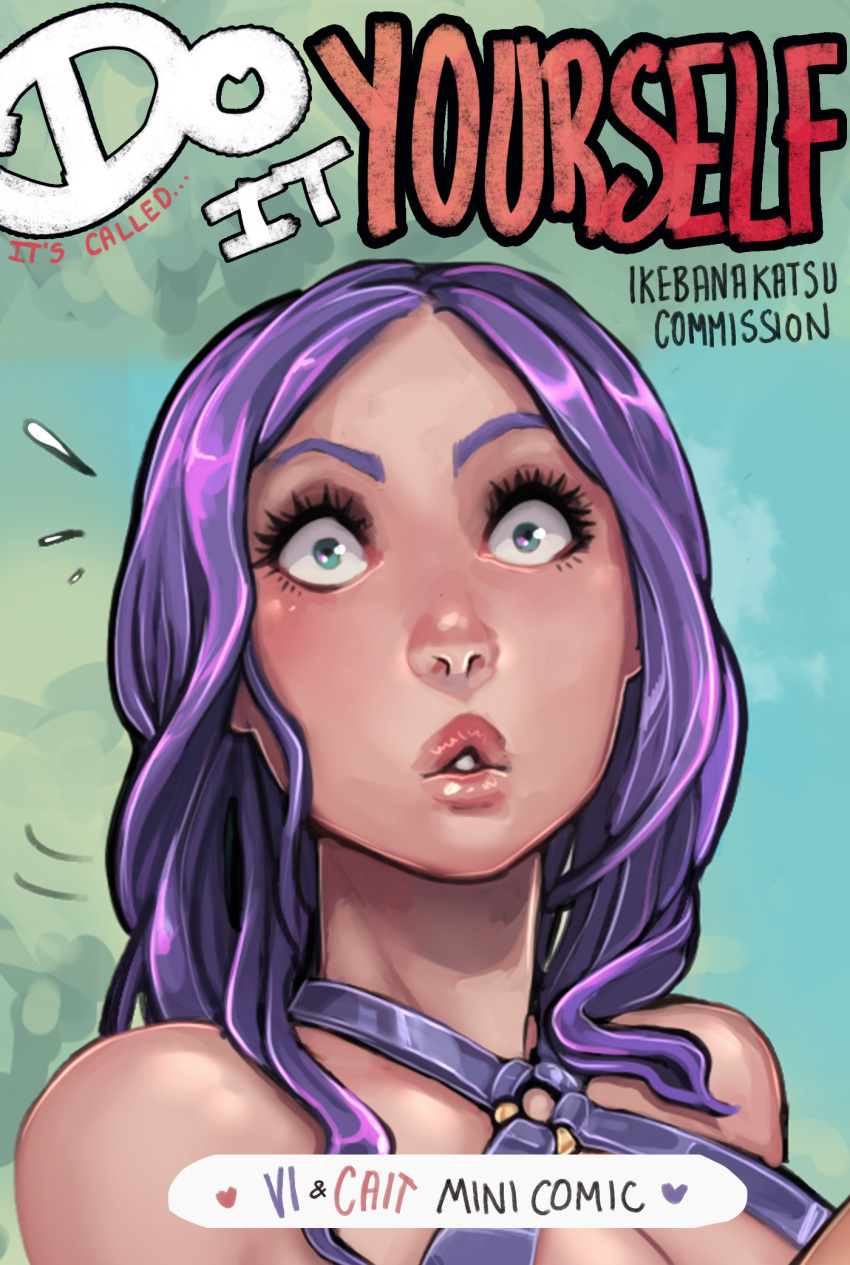 2023 beach blue_eyes caitlyn_kiramman comic_cover dialogue english_text hi_res high_resolution highres ikebanakatsu league_of_legends league_of_legends:_wild_rift long_hair pool_party_caitlyn pool_party_series purple_hair riot_games text