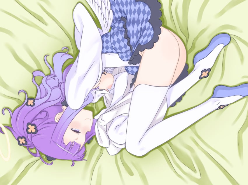 areolae ass bed blush feet female highres hou_(hachiyou) legs long_hair looking_away lying masturbation nipples no_panties on_side purple_eyes purple_hair skirt small_breasts smile solo spinel_(summon_night) summon_night summon_night_5 thigh_boots thighs