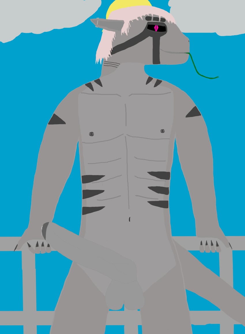 abs absurd_res anthro arokhan_sirefni arokhan_sirefni_(character) balls bedroom_eyes big_balls big_penis bodily_fluids cloud dripping ear_piercing erection fish forked_tongue genital_fluids genitals gills grabbing_railing grey_body hair hi_res long_hair lustful_gaze male male_only marine markings muscular muscular_anthro muscular_male narrowed_eyes navel navel_piercing nipple_piercing nipples penis piercing precum precum_drip presenting presenting_penis purple_eyes robotic_eyes seductive shark sky smile solo standing sun synthetic_shark tail tongue tongue_out unseen_character