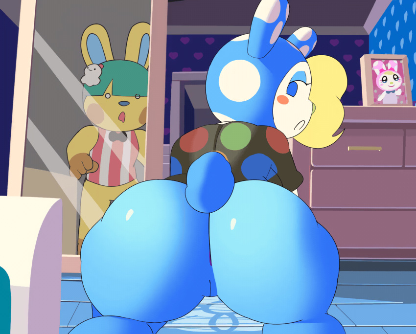 aerth animal_crossing animated anthro anus ass big_butt blue_body bottomless chrissy_(animal_crossing) clothed clothing duo female francine_(animal_crossing) genitals lagomorph leporid looking_at_viewer looking_back male male/female mammal mirror nintendo pussy rabbit sanrio short_playtime toby_(animal_crossing) twerking