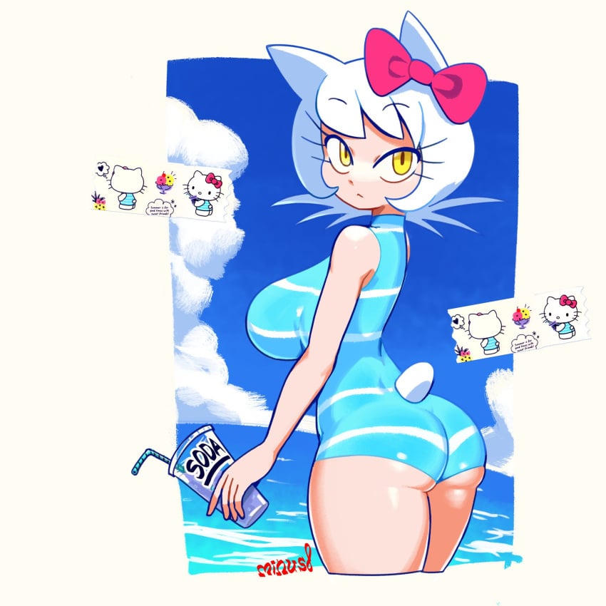 big_breasts breasts butt cat_ears female female_only hello_kitty hello_kitty_(character) hello_kitty_(series) humanized kemonomimi kitty_white minus8 one-piece_swimsuit sanrio soda solo swimsuit