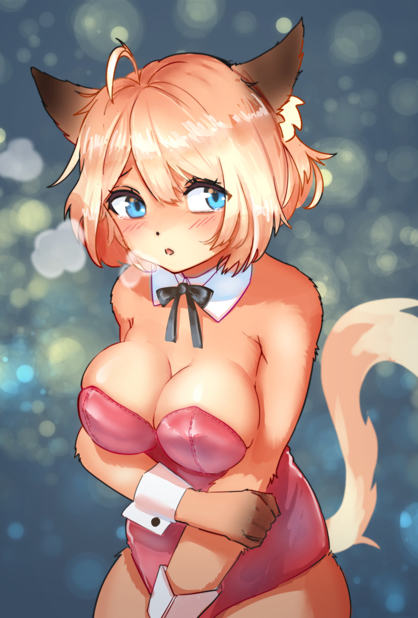 2021 ahoge anthro blonde_hair blue_eyes blush bodily_fluids breasts breath bunny_costume canid clothing costume cuff_(restraint) female fur hair hi_res leotard looking_aside mammal momomofura open_mouth pink_clothing pink_leotard restraints short_hair simple_background solo tan_body tan_fur tears wrist_cuffs