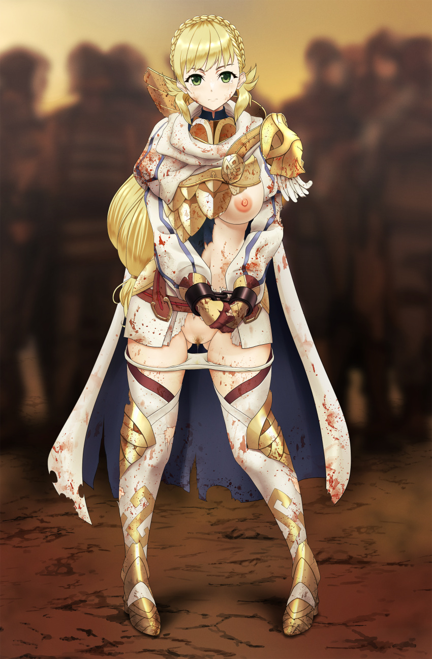 1girls ass_visible_through_thighs bangs bare_midriff bare_thighs blood bondage boots bound braid breasts breasts_out cape defeated exposed_breasts female female_focus female_pubic_hair femsub fire_emblem fire_emblem_heroes frown gloves green_eyes humiliation inner_thighs large_breasts long_hair long_sleeves looking_at_viewer midriff nintendo nipples one_breast_out outdoors panties panties_down pee_stain peeing ponytail pubic_hair public public_humiliation pussy restrained sakurein sharena_(fire_emblem) skirt solo_focus spoils_of_war stain stained_panties standing thigh_boots thighs torn_clothes underwear urine very_long_hair white_panties