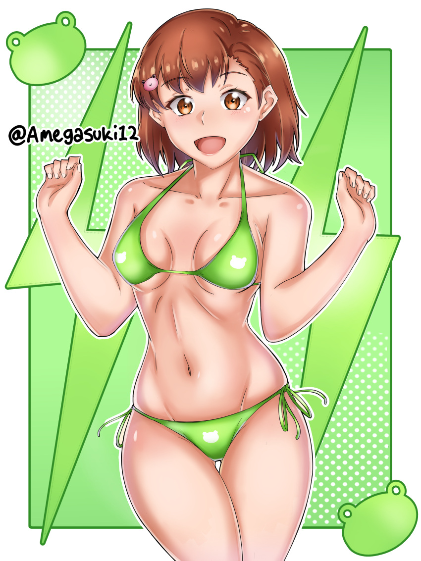 1girls 2020s 2023 absurd_res alternate_breast_size amegasuki ass_visible_through_thighs bare_legs bare_shoulders bikini breasts brown_eyes brown_hair brunette collarbone female gekota gluteal_fold green_bikini green_swimsuit hairclip hi_res hips light_blush matching_hair/eyes medium_breasts midriff misaka_mikoto navel open_mouth open_smile short_hair smile solo standing swimsuit to_aru_kagaku_no_railgun to_aru_majutsu_no_index twitter_username