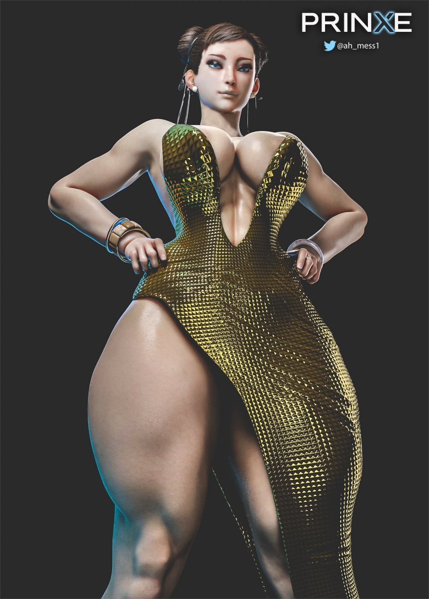 1girls 3d 3d_(artwork) abs alternate_eye_color alternate_version_at_source alternate_version_available areola_slip asian asian_female ass big_ass big_breasts big_thighs blue_eyes brown_hair capcom chun-li cleavage curvaceous double_bun dress female female_only hair_bun hartman_hips heels high_heels high_slit_dress looking_at_viewer prinxe sideboob solo solo_female street_fighter street_fighter_6 thick_thighs thighs voluptuous wide_hips