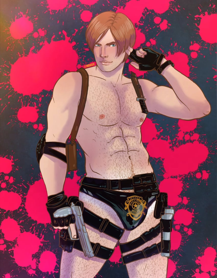 1boy abs biceps big_bulge bulge caucasian caucasian_male gun hairy_chest huge_bulge leon_scott_kennedy male male_only muscles muscular muscular_male pecs posing resident_evil roasif shirtless_male solo solo_male tanlines thick_thighs underwear