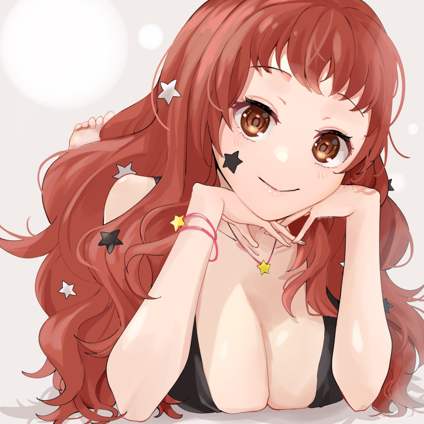 1girls breasts cleavage cleavage_cutout closed_mouth clothing_cutout facial_mark feet female female female_only fire_emblem fire_emblem_engage hair_ornament highres jewelry large_breasts long_hair looking_at_viewer necklace nintendo red_eyes red_hair sakura_no_yoru smile solo star_(symbol) star_facial_mark star_hair_ornament white_background yunaka_(fire_emblem)