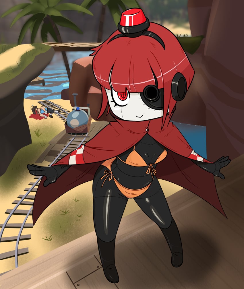 1girls 2d acfan120 bikini black_body coat coat_open dark-skinned_female dark_skin family_guy_death_pose female mechanical mini_sentry red_eyes red_hair robot robot_girl scout_(team_fortress_2) sentry-chan sentry_(team_fortress_2) sentry_turret small_female tagme team_fortress_2 tf2 valve valve_(company) why_engineer_why young