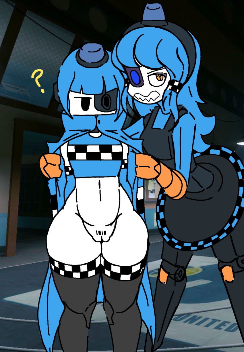 2d 2girls blue_hair clothing coat coat_open confused dress edit female flashing flashing_pussy ghastlypann mechanical mimi_sentry mini_sentry multiple_girls pussy robot robot_girl sentry-chan sentry_(team_fortress_2) sentry_turret small_breasts team_fortress_2 tf2 valve valve_(company) white_skin young