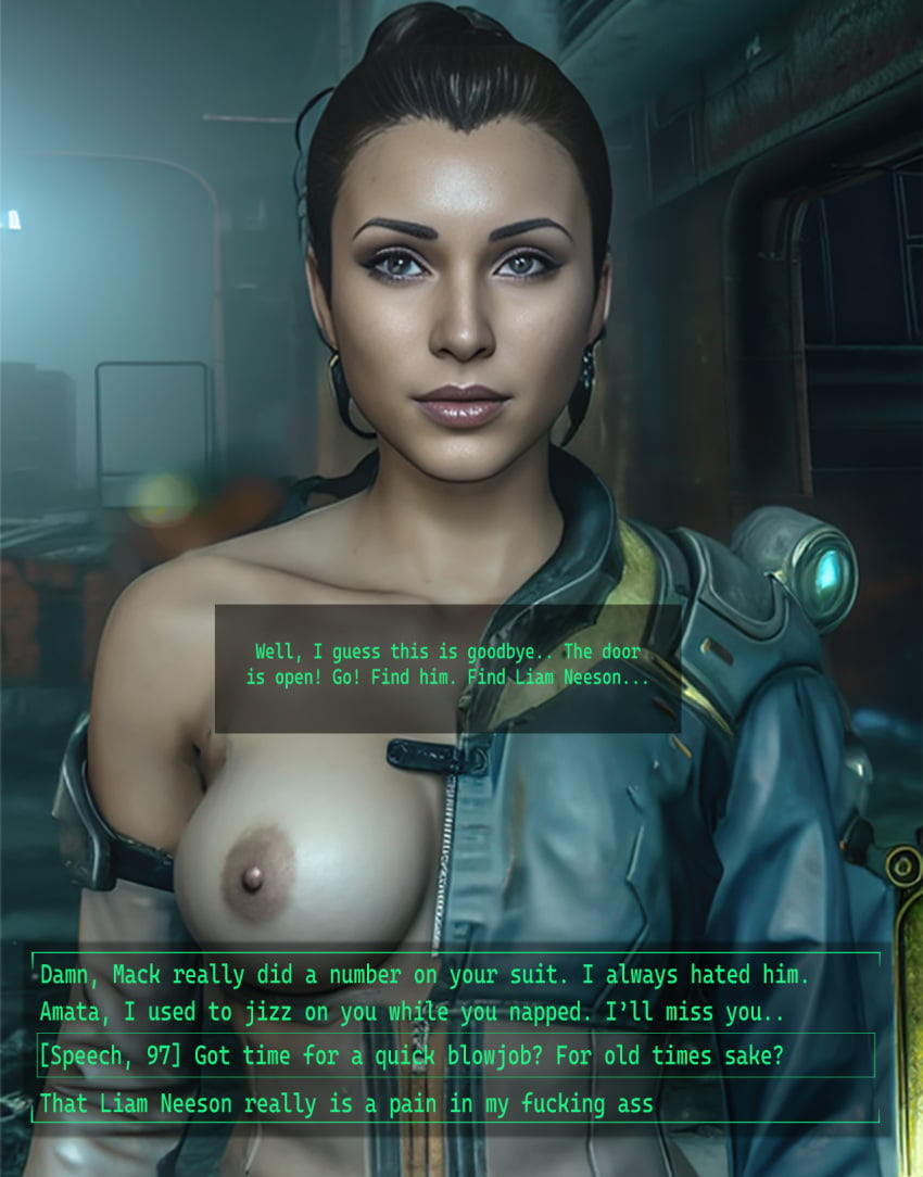 1girls ai_generated amata_almodovar areolae athletic_female bethesda_softworks breasts english_text fallout fallout_3 female female_only lipstick makeup nipples one_breast_out partially_clothed solo solo_female text