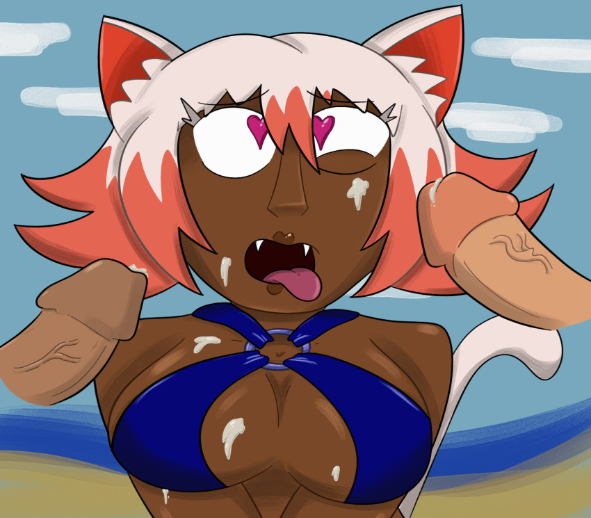 2boys after_sex ahju animal_ears beach cat_girl clothed clothing cum cum_on_breasts cum_on_face dark_skin erection heart-shaped_pupils humanoid kemonomimi male mostly_nude penis red_eyes rolling_eyes sharp_teeth swimsuit tongue tongue_out virus_lewds white_hair