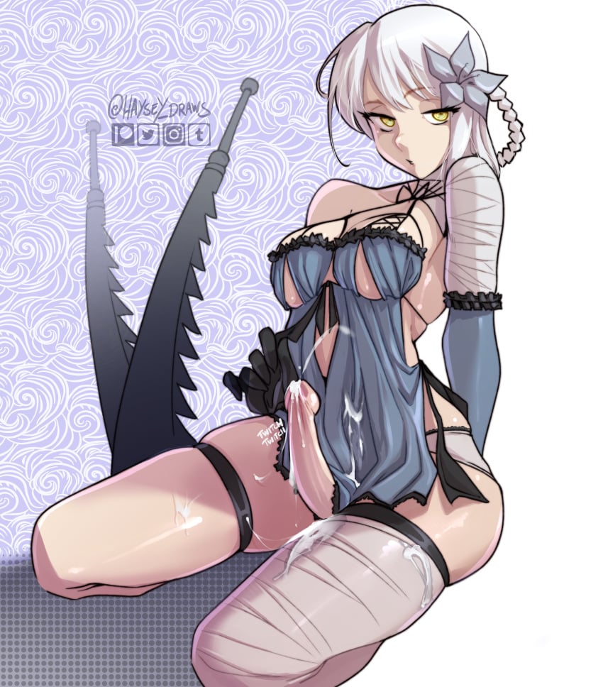 1futa 2d bandage big_breasts big_penis bottomless breasts clothed clothing cum cumshot ejaculation erect_penis erection futa_only futanari hands-free handsfree_ejaculation haysey_draws human intersex kaine_(nier) light-skinned_futanari light_skin nier nier_replicant partially_clothed penis short_hair sitting skindentation solo solo_futa sword white_hair yellow_eyes