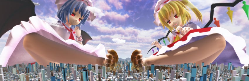 2girls 3d barefoot blonde_hair blue_hair city crush crushing destruction detailed_background digital_media_(artwork) dirty_feet dress fangs feet female female_only flandre_scarlet foot_fetish foot_focus giantess gonzres hat hi_res pale_skin red_eyes red_nails remilia_scarlet sky toes tokyo_tower touhou vampire wings