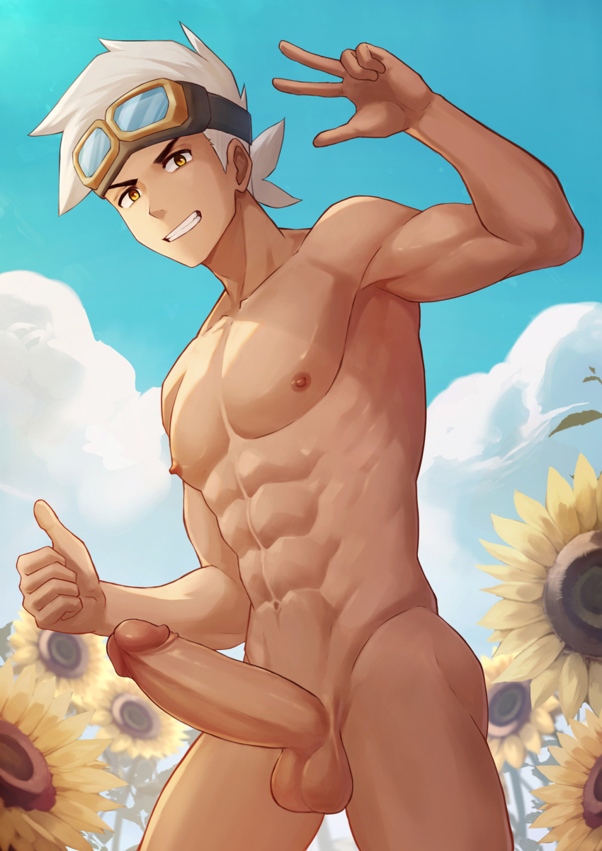 1boy abs cloud commentary_request cowboy_shot day flower goggles goggles_on_head grin hand_up highres looking_at_viewer male male_only navel nipples nude outdoors pectorals penis pokemon pokemon_(anime) pokemon_horizons professor_friede silvanes sky smile solo sunflower teeth testicles thumbs_up uncensored w white_hair yellow_eyes