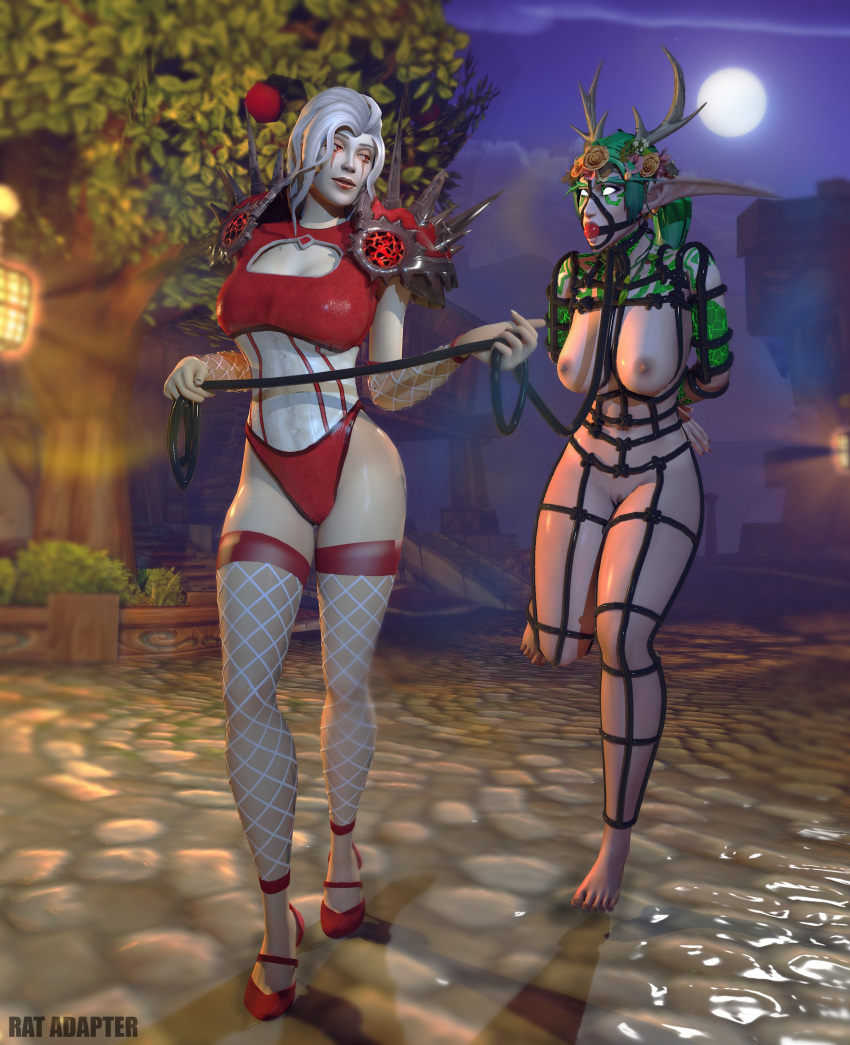 2girls 3d antlers big_breasts bitch_taken_for_walk blizzard_entertainment bondage elf elf_ears femdom femsub glowing_eyes green_hair high_heels human human_(world_of_warcraft) leash light-skinned_female light_skin mishka_(mishkamoo) night_elf original_character pink_skin pointy_ears ratadapter thick_thighs warcraft white_hair world_of_warcraft