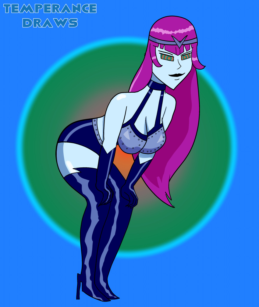 avere bent_over black_lipstick blue_skin bra exchange_student_zero high_heels hypnosis latex latex_gloves long_hair mind_control purple_hair ringed_eyes smile solo solo_female solo_focus temperancedraws tiara