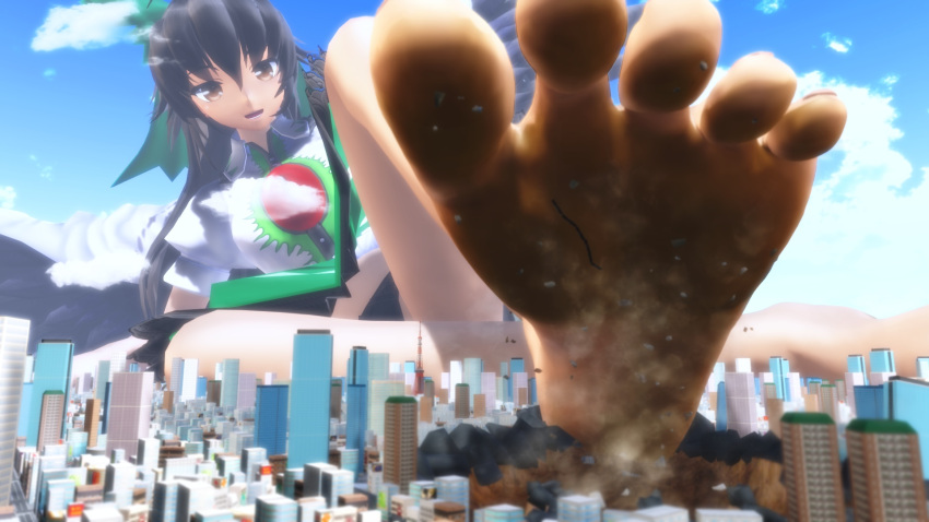 1girls 3d barefoot black_hair brown_eyes city crush crushed crushing destruction digital_media_(artwork) dress feet female female_only foot_fetish foot_focus giantess gonzres hi_res long_hair pink_nails sky toes touhou train utsuho_reiuji wings
