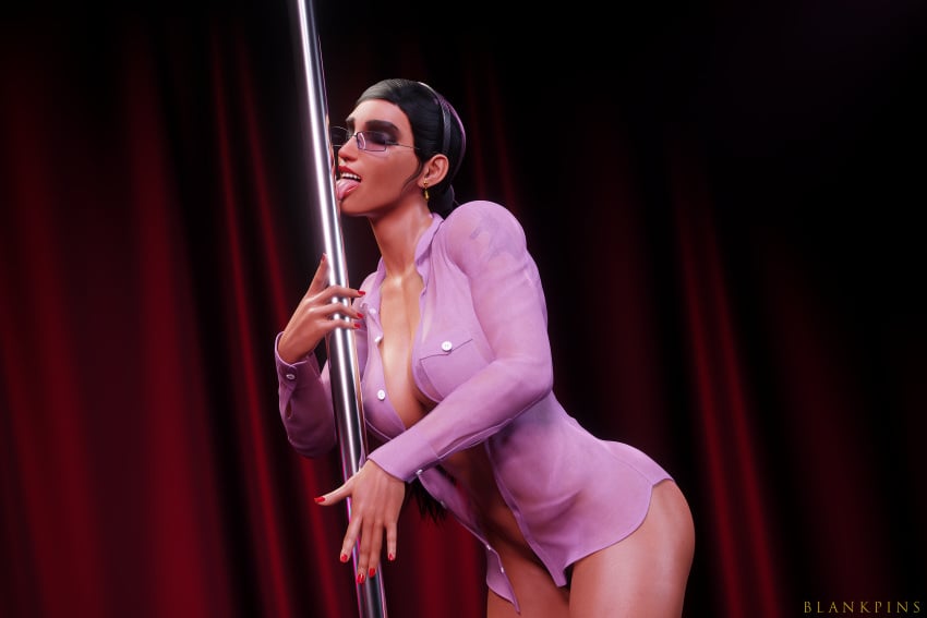 1girls 3d 3d_(artwork) abs ass athletic athletic_female blankpins dark-skinned_female dark_hair earrings fit_female glasses hair_accessory licking licking_stripper_pole nipples nude_female overwatch pharah ponytail pubic_hair public_nudity see-through see-through_clothing shirt simple_background solo_female strip_club stripper stripper_pole striptease teasing toned toned_female transparent_clothing transparent_shirt