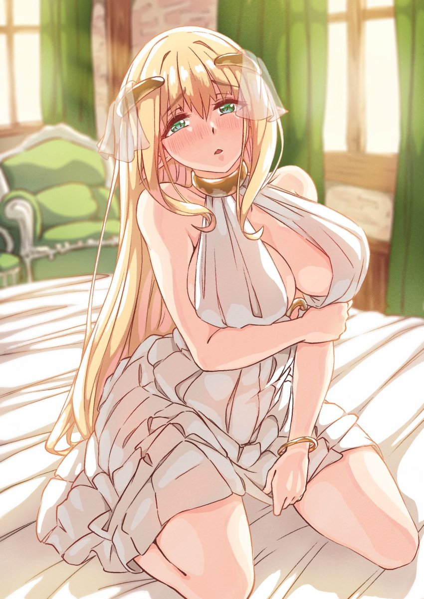 aibanwork big_breasts blonde_hair blush bracelet cleavage clothed elf elf_ears elf_female elf_girl light-skinned_female long_hair neckwear