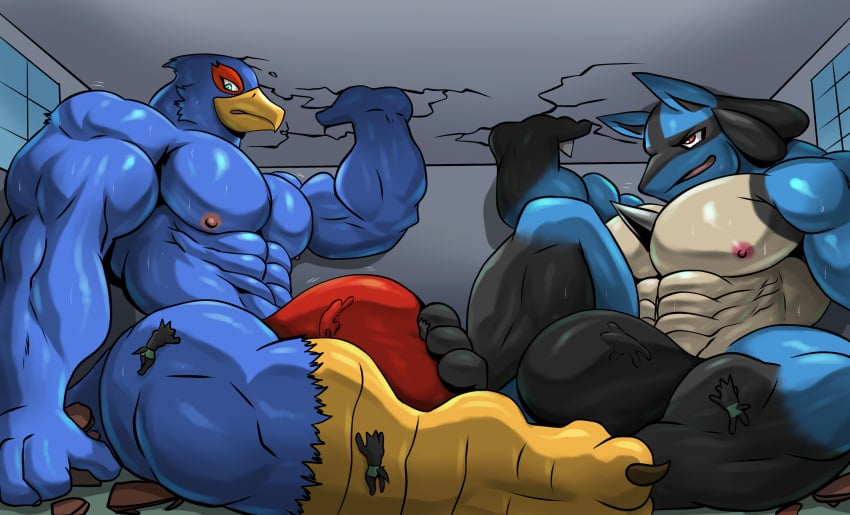 absurd_res anthro avian big_bulge bird blue_body blue_fur bulge canid canine clothing duo falco_lombardi foot_on_bulge fur gay generation_4_pokemon growth hi_res inside lucario macro male male/male mammal masterelrest muscular muscular_male nintendo pokemon pokemon_(species) speedo spikes spikes_(anatomy) star_fox swimwear worship