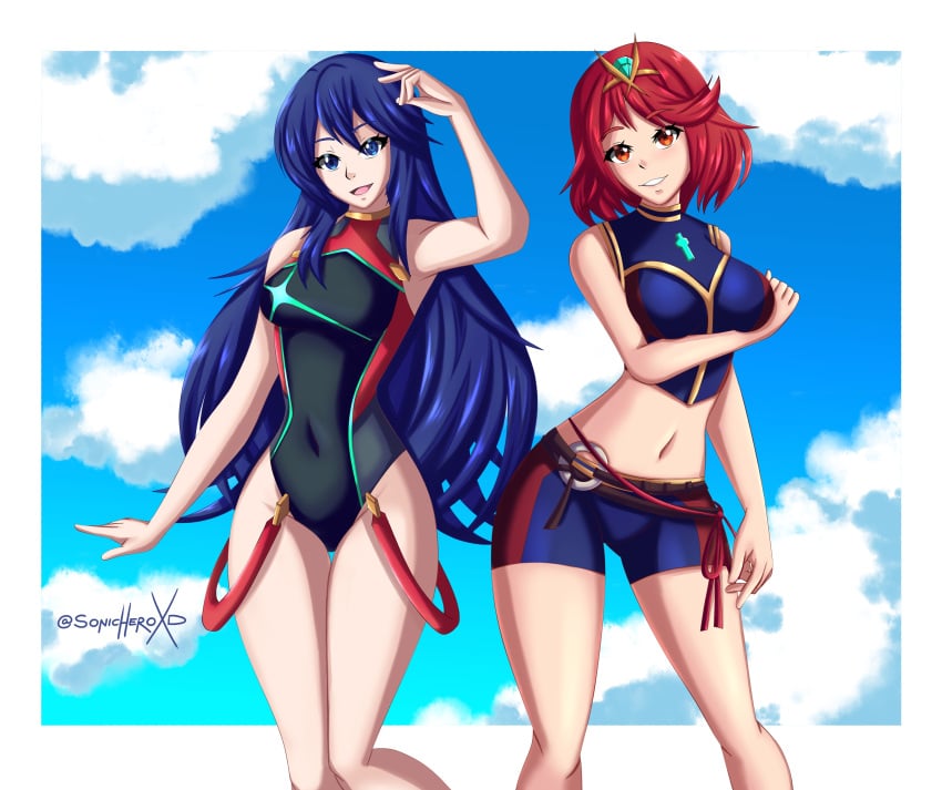 alternate_costume bikini blue_bikini blue_swimsuit breasts core_crystal costume_switch crossover female female_only fire_emblem fire_emblem_awakening fire_emblem_cipher looking_at_viewer lucina_(fire_emblem) nintendo pyra pyra_(pro_swimmer)_(xenoblade) pyra_(xenoblade) pyra_(xenoblade)_(cosplay) sonicheroxd swimsuit xenoblade_(series) xenoblade_chronicles_2