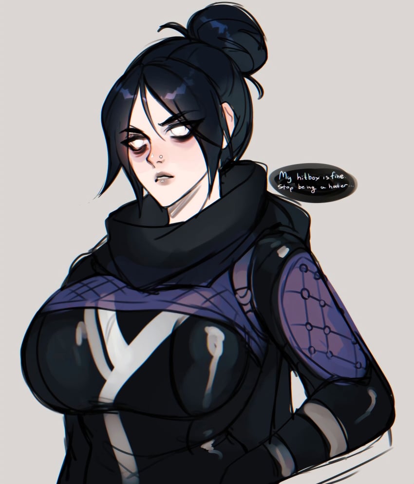 1girls alternate_breast_size apex_legends big_breasts black_hair breast_expansion breast_squeeze breasts eyebrows_visible_through_hair female fit nsfwolf scarf simple_background skin_tight tight_clothing wraith_(apex_legends)