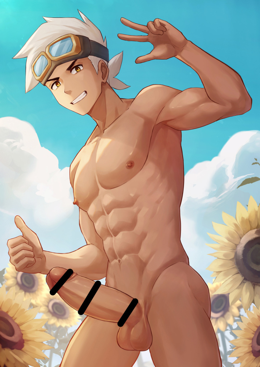 1boy abs bar_censor censored cloud commentary_request cowboy_shot day flower goggles goggles_on_head grin hand_up highres looking_at_viewer male male_only navel nipples nude outdoors pectorals penis pokemon pokemon_(anime) pokemon_horizons professor_friede silvanes sky smile solo sunflower teeth testicles thumbs_up w white_hair yellow_eyes